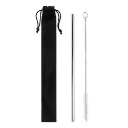 Set of 2 reusable stainless steel drinking straws and cleaning brush in microfiber pouch
