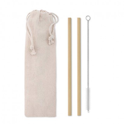 Set of 2 reusable bamboo straws , stainless steel-nylon cleaning brush in cotton pouch