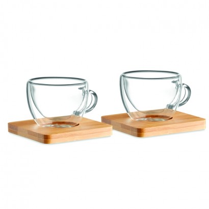 Set of 2 double wall espresso glasses with bamboo saucer, 90 ml